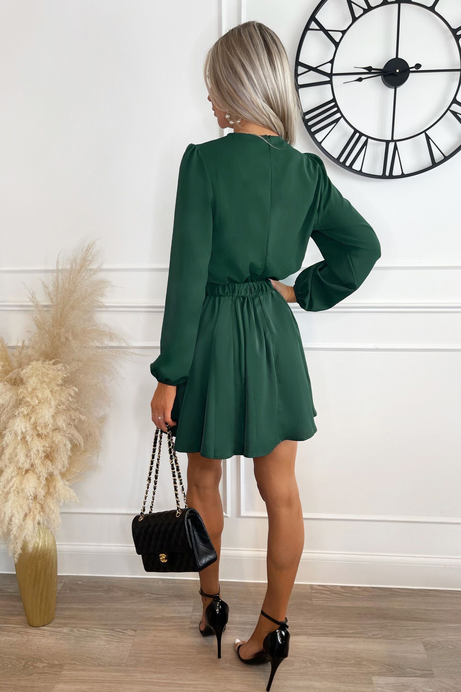 AX Paris Green Long Sleeve Belted Skater Dress - Image 2 of 3