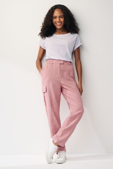 Pink Smart Linen Blend Cargo Taper Trousers