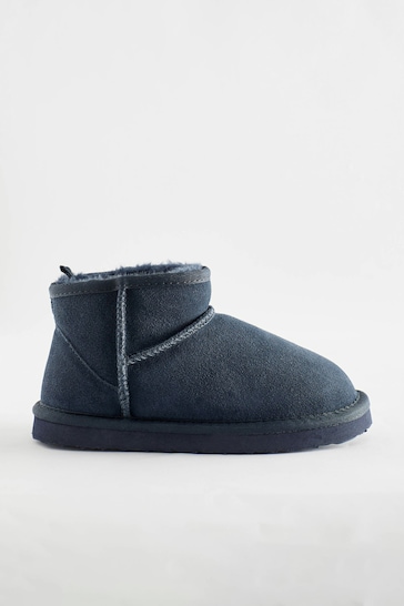 Navy Blue Short Warm Lined Suede Slipper Boots