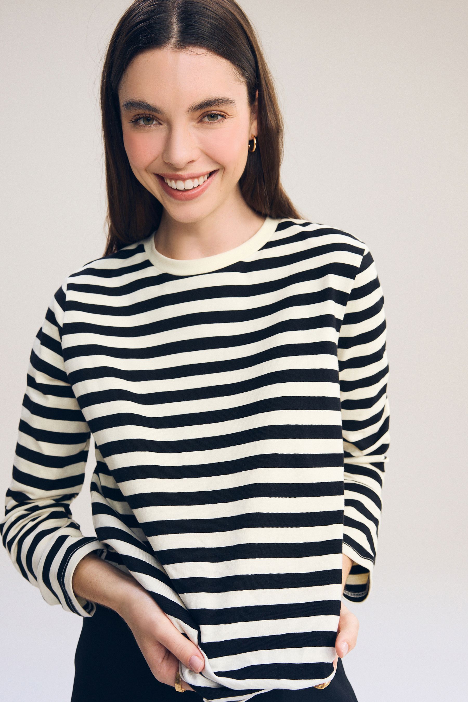 Black Ecru Stripe Heavyweight Long Sleeve T Shirt
