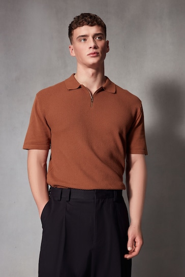 Terracotta Red Knitted Bubble Textured Regular Fit Polo Shirt