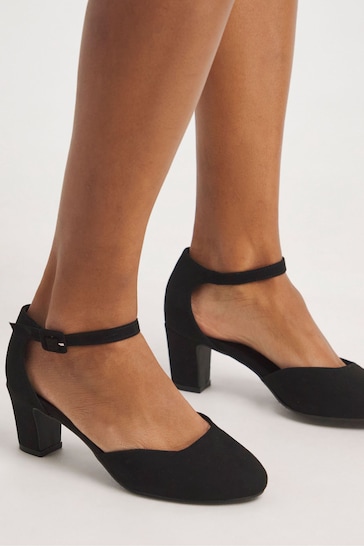 JD Williams Two Part Heeled Black Shoes With Ankle Strap In Extra Wide Fit