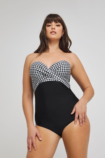Figleaves Gingham Tailor Twist Underwired Bandeau Tummy Control Black Swimsuit