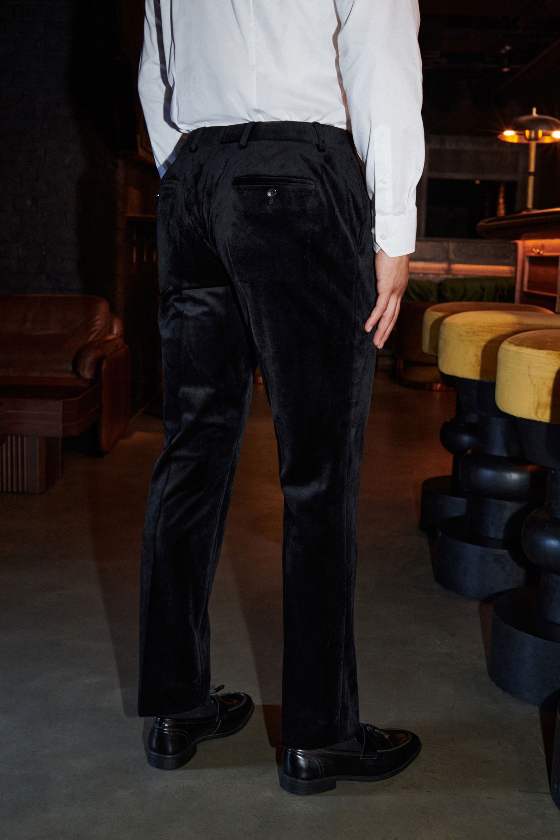 Black velvet slim fit trousers sale