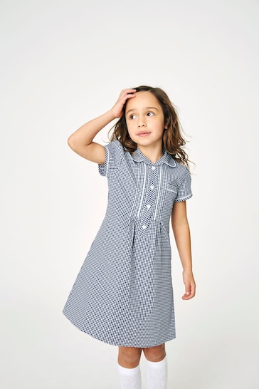 Navy Cotton Rich Button Front Lace Gingham School Dress (3-14yrs)
