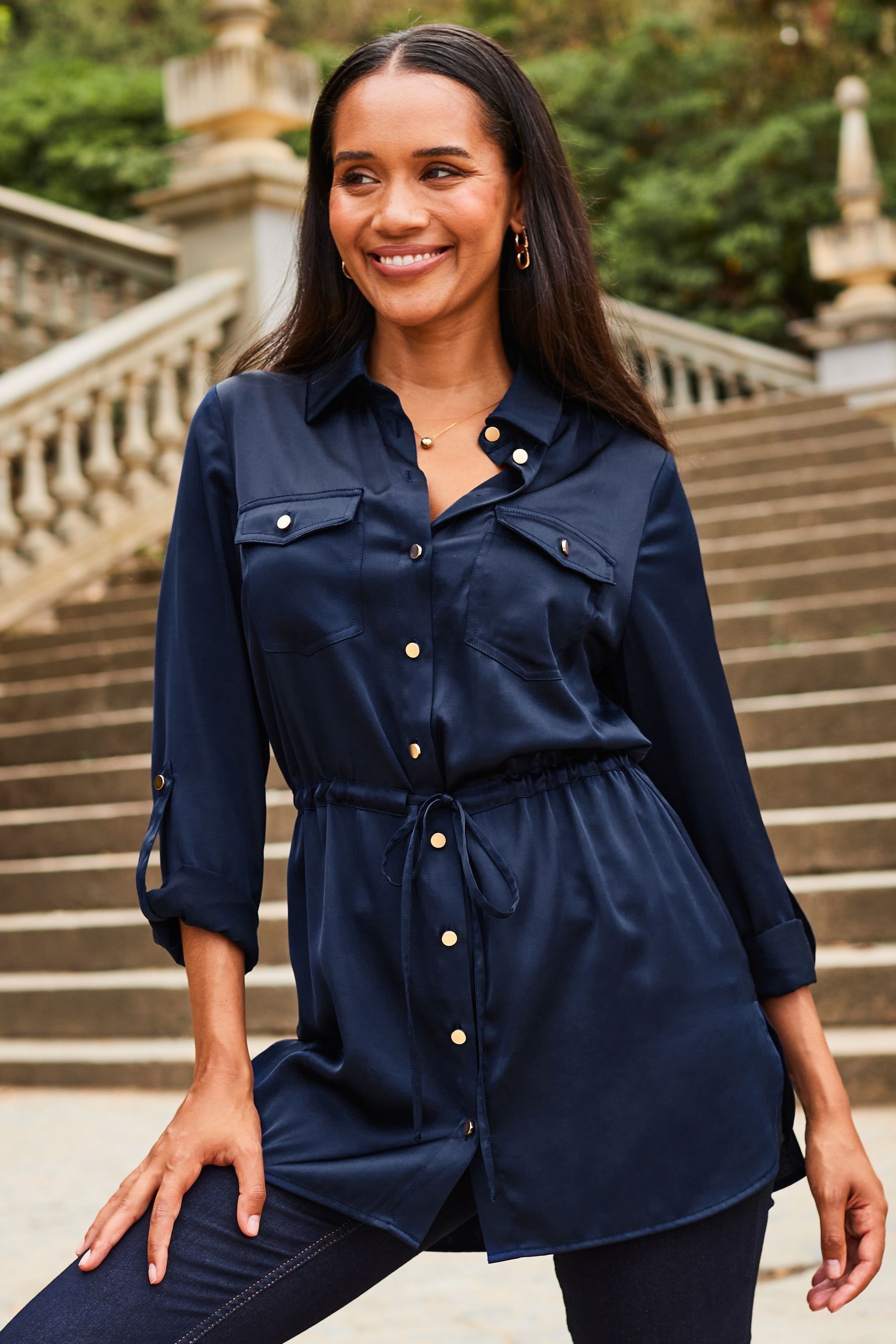 Blue utility tie waist shirt dress top