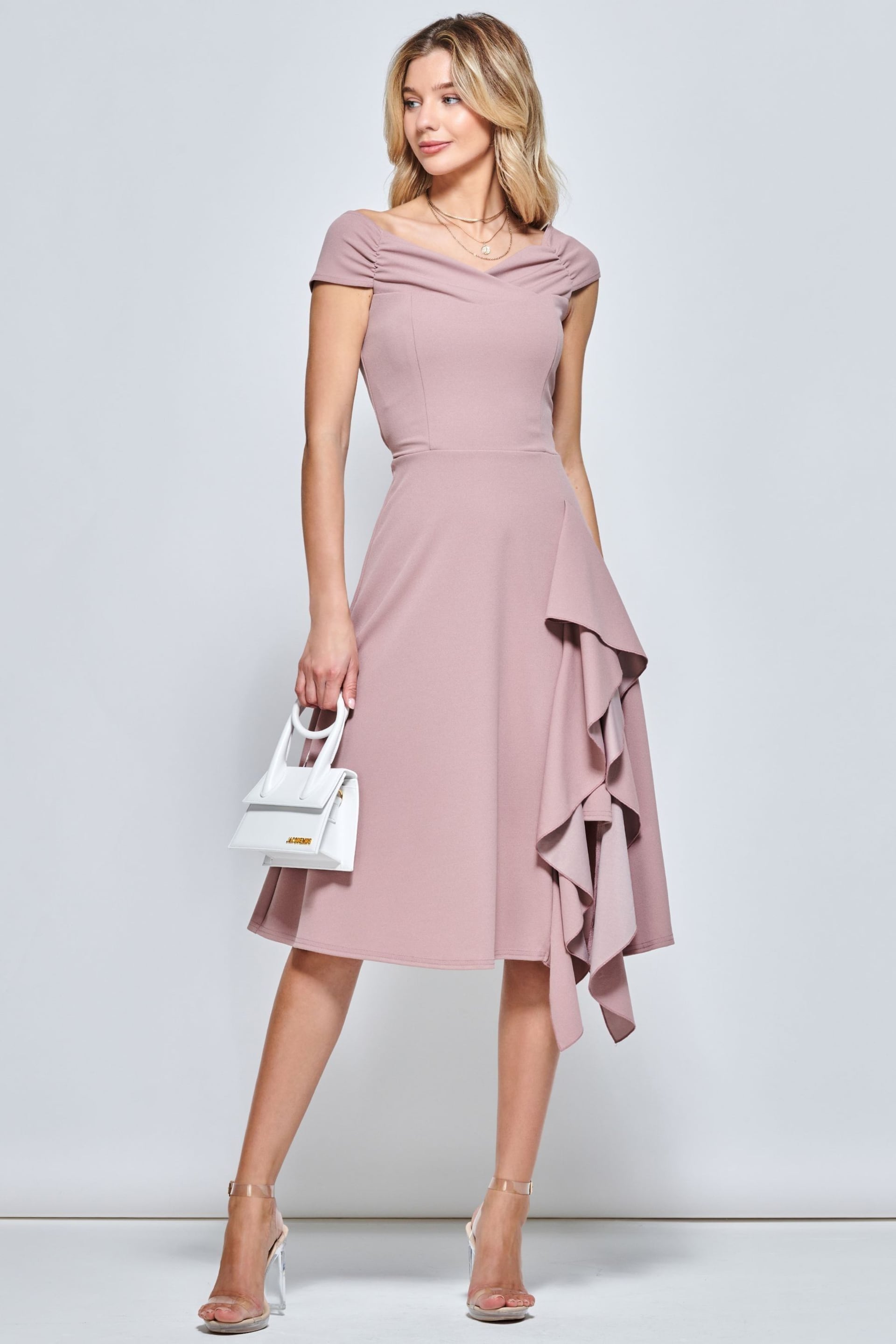 Jolie Moi Pink Skylar Off Shoulder Ruffle Hem Dress - Image 1 of 5
