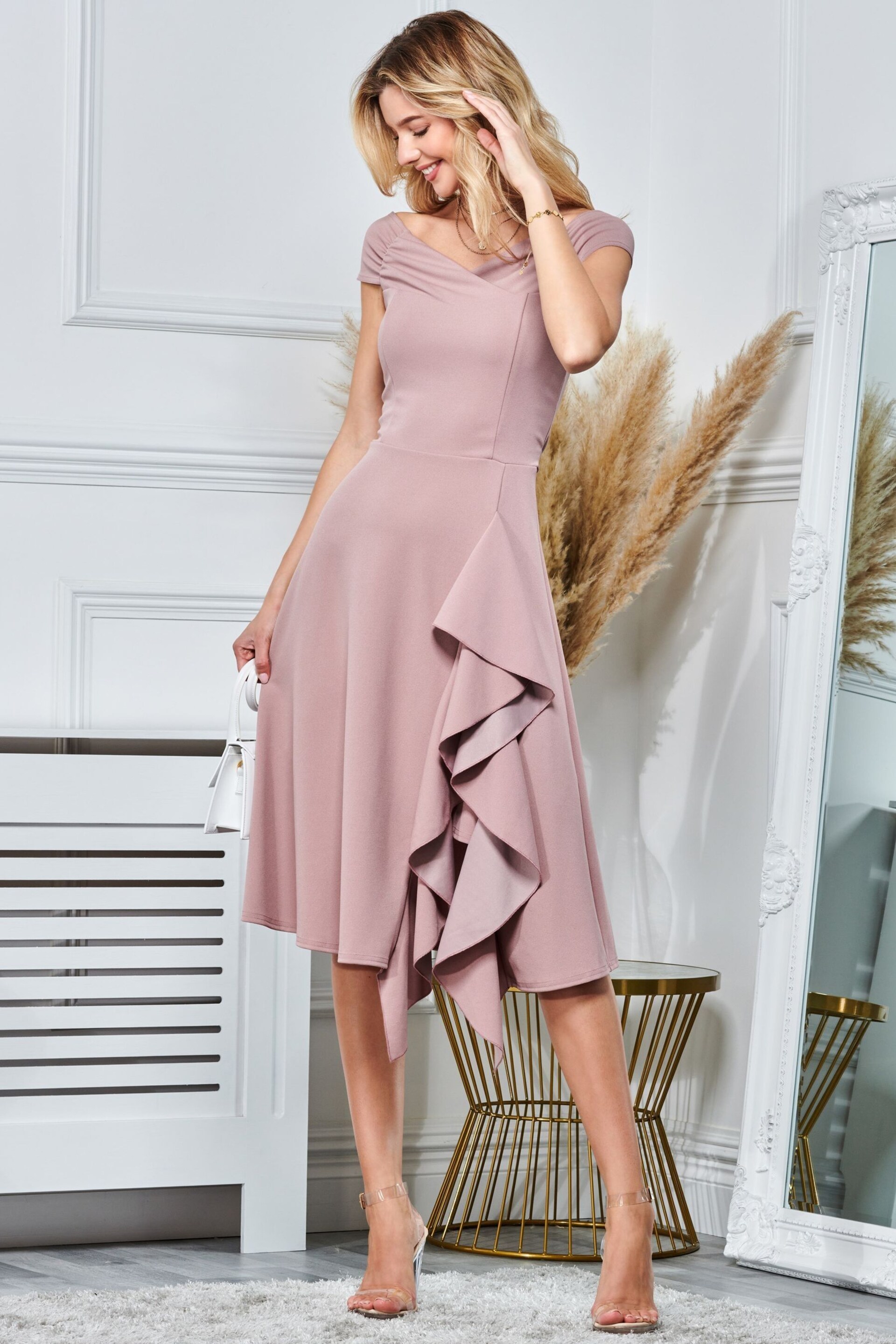 Jolie Moi Pink Skylar Off Shoulder Ruffle Hem Dress - Image 4 of 5