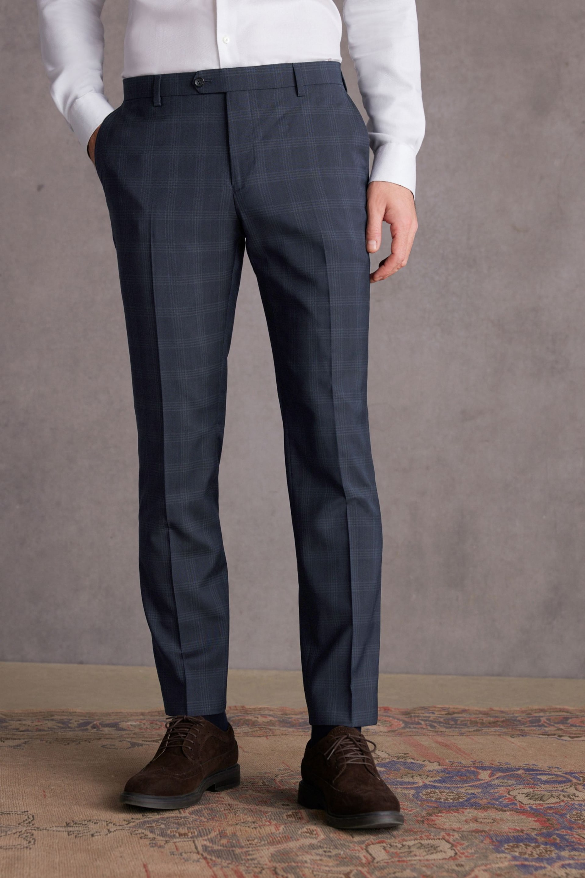 Navy Blue Slim Signature Italian Fabric Check Suit Trousers - Image 1 of 9