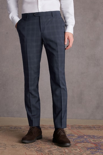 Navy Blue Slim Signature Italian Fabric Check Suit Trousers