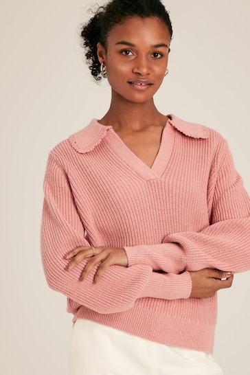 Joules Evangeline Pink Rib Knit Jumper With Crochet Collar