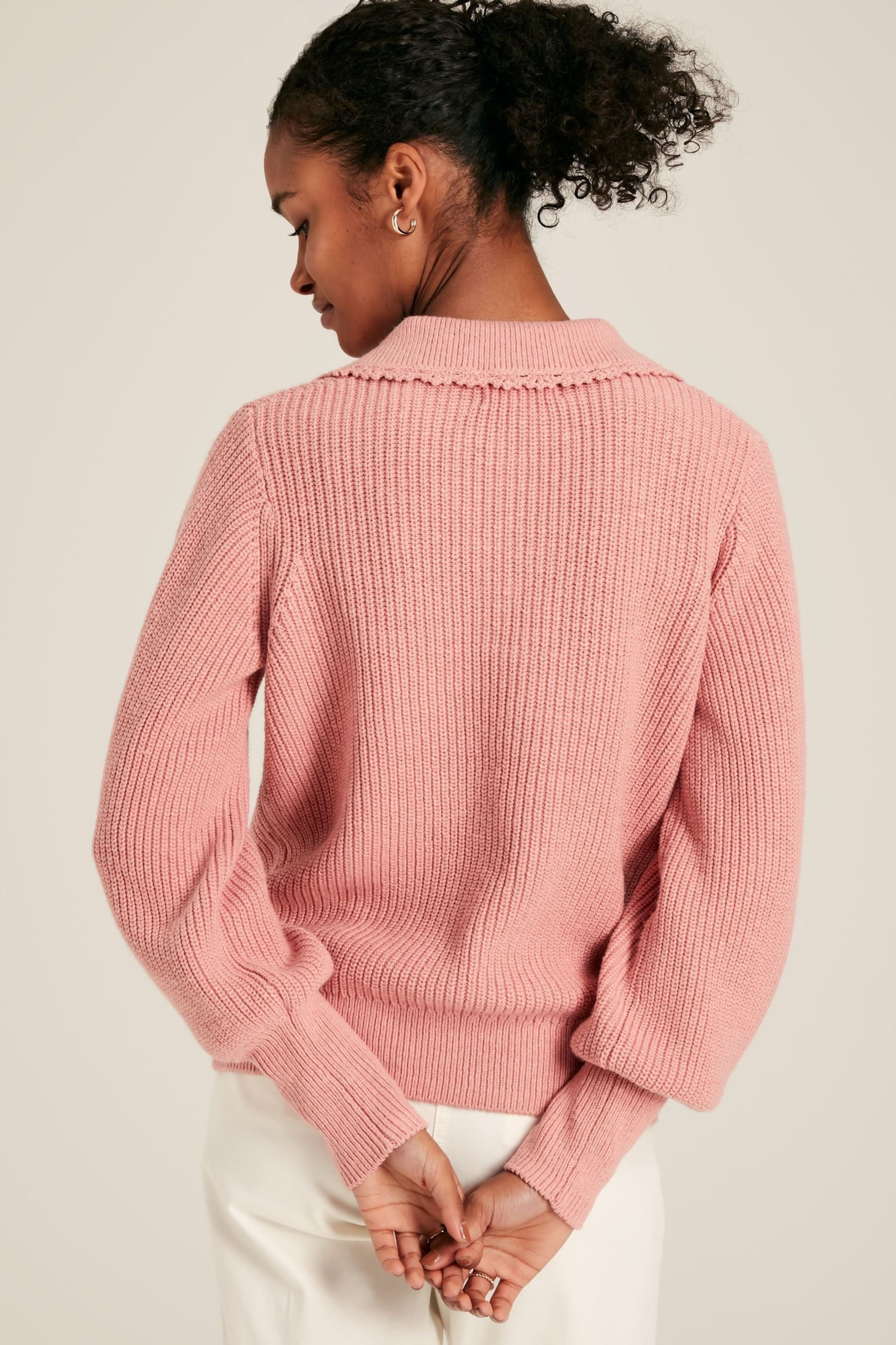 Joules Evangeline Pink Rib Knit Jumper With Crochet Collar - Image 3 of 5
