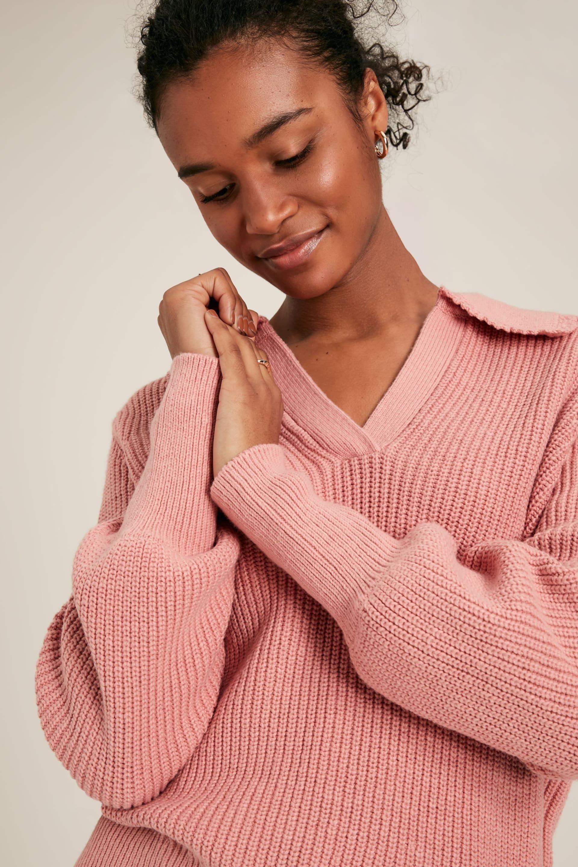Joules Evangeline Pink Rib Knit Jumper With Crochet Collar - Image 4 of 5