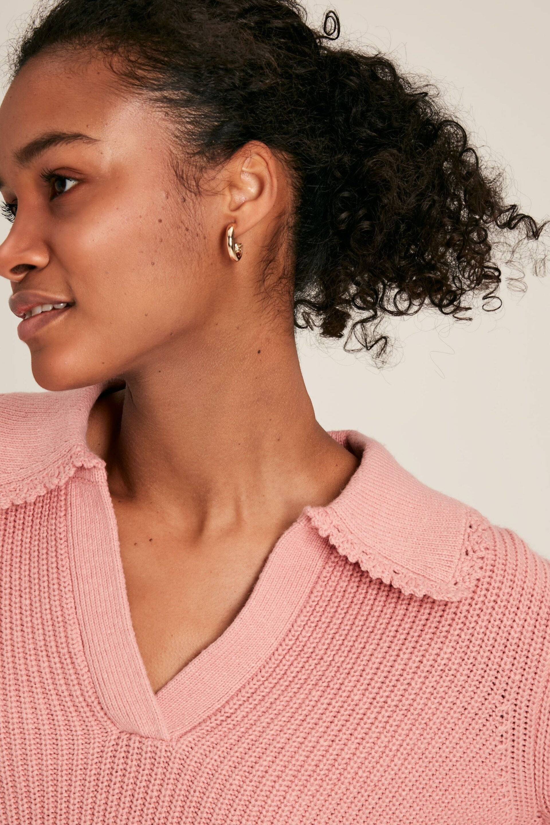 Joules Evangeline Pink Rib Knit Jumper With Crochet Collar - Image 5 of 5