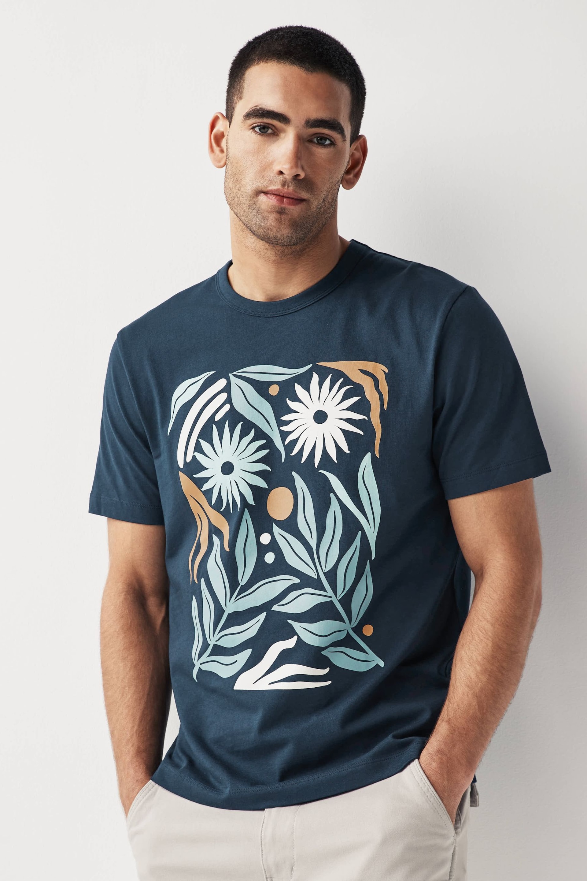 Navy Botanical Print T-Shirts - Image 1 of 8