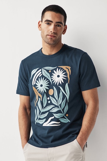 Navy Botanical Print T-Shirts