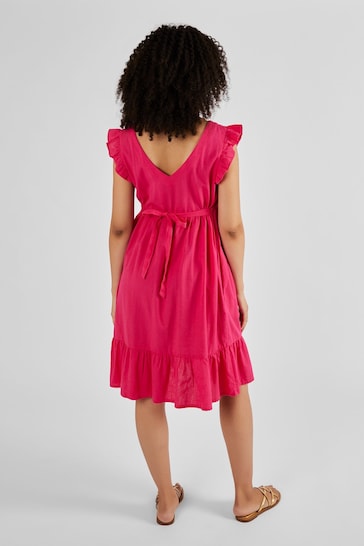 JoJo Maman Bébé Pink Linen Blend Frill Sleeve Maternity Dress
