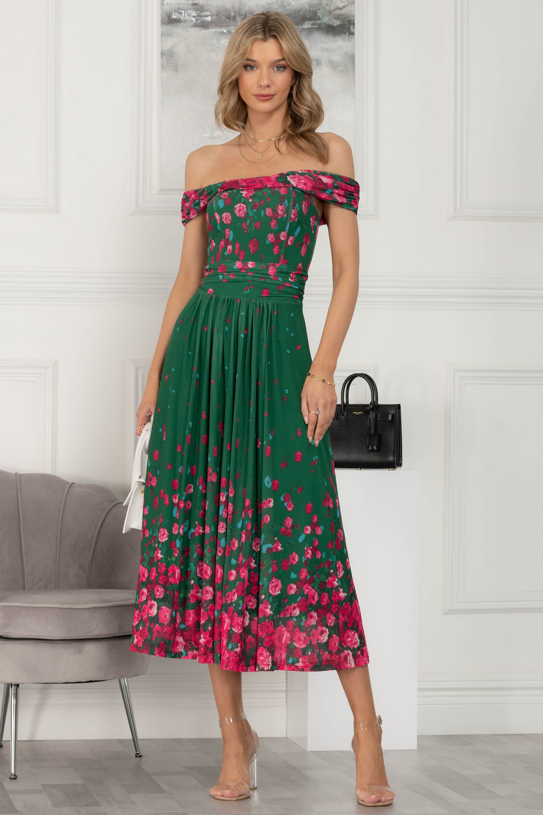 Buy Jolie Moi Green Oliana Mesh Bardot Neckline Dress from the