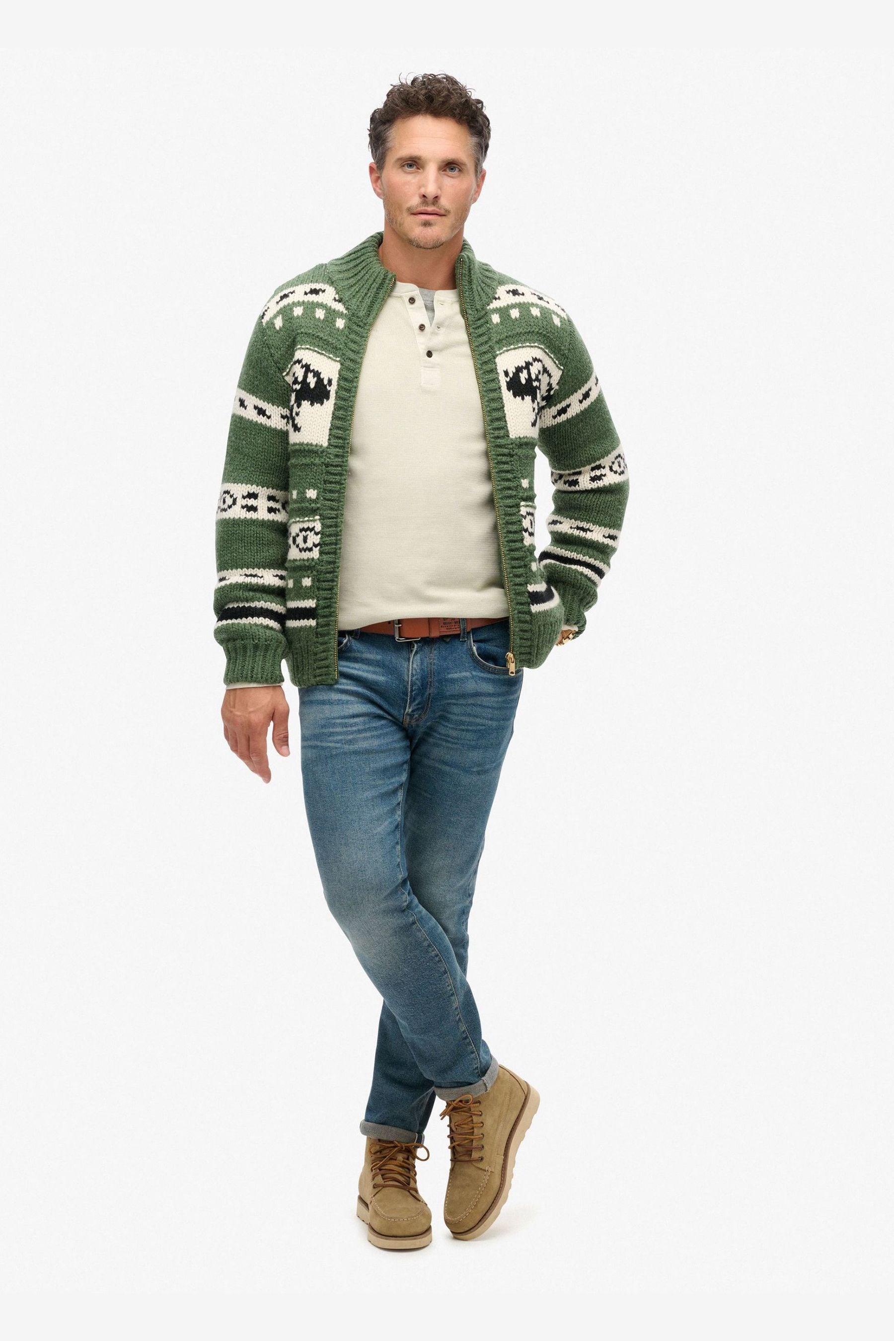 Buy Superdry Buffalo Green Chunky Knit Patterened Zip Through Jumper from the Next UK online shop