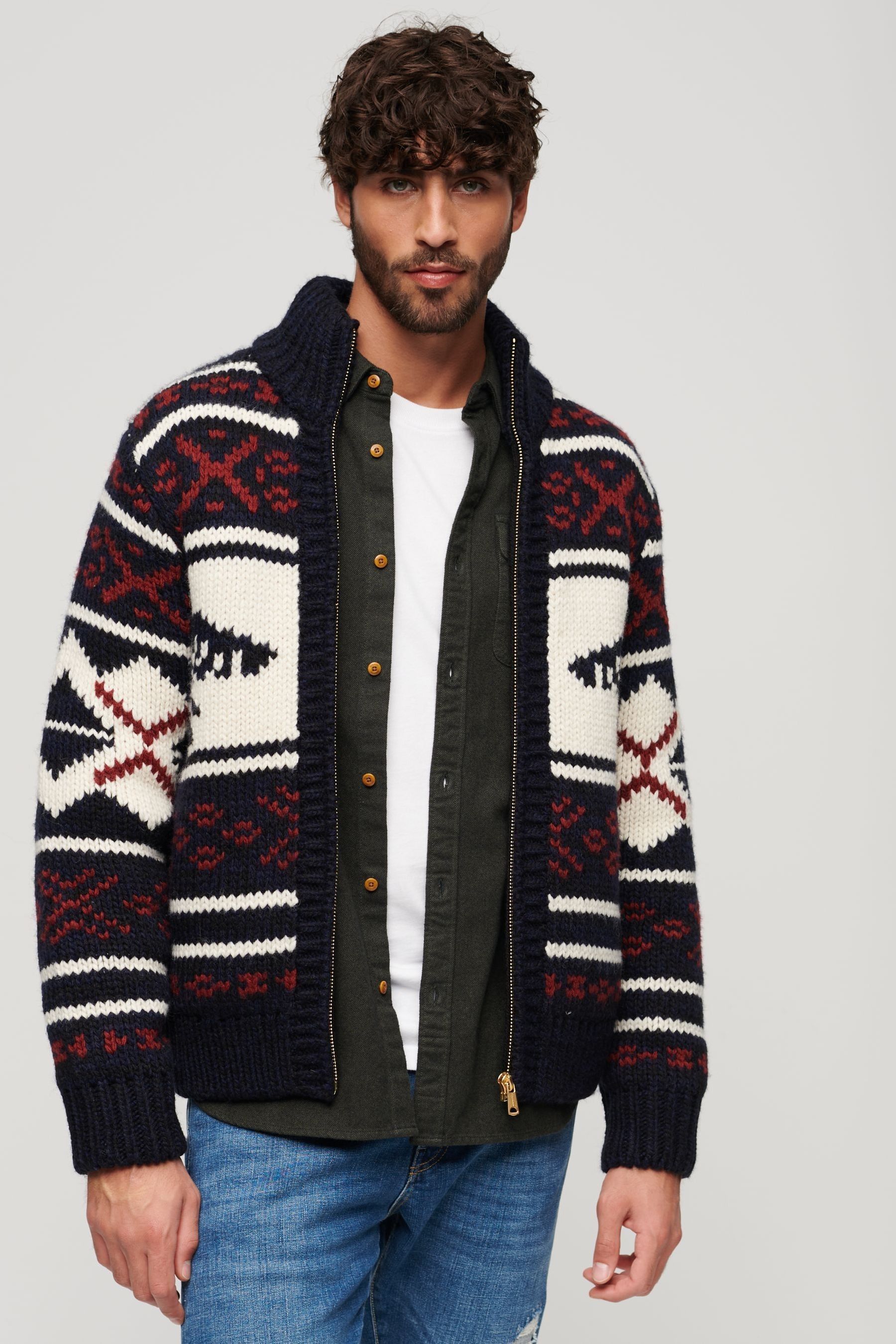 Superdry Chunky Knit Patterened Full Zip Sweater Brown L Man