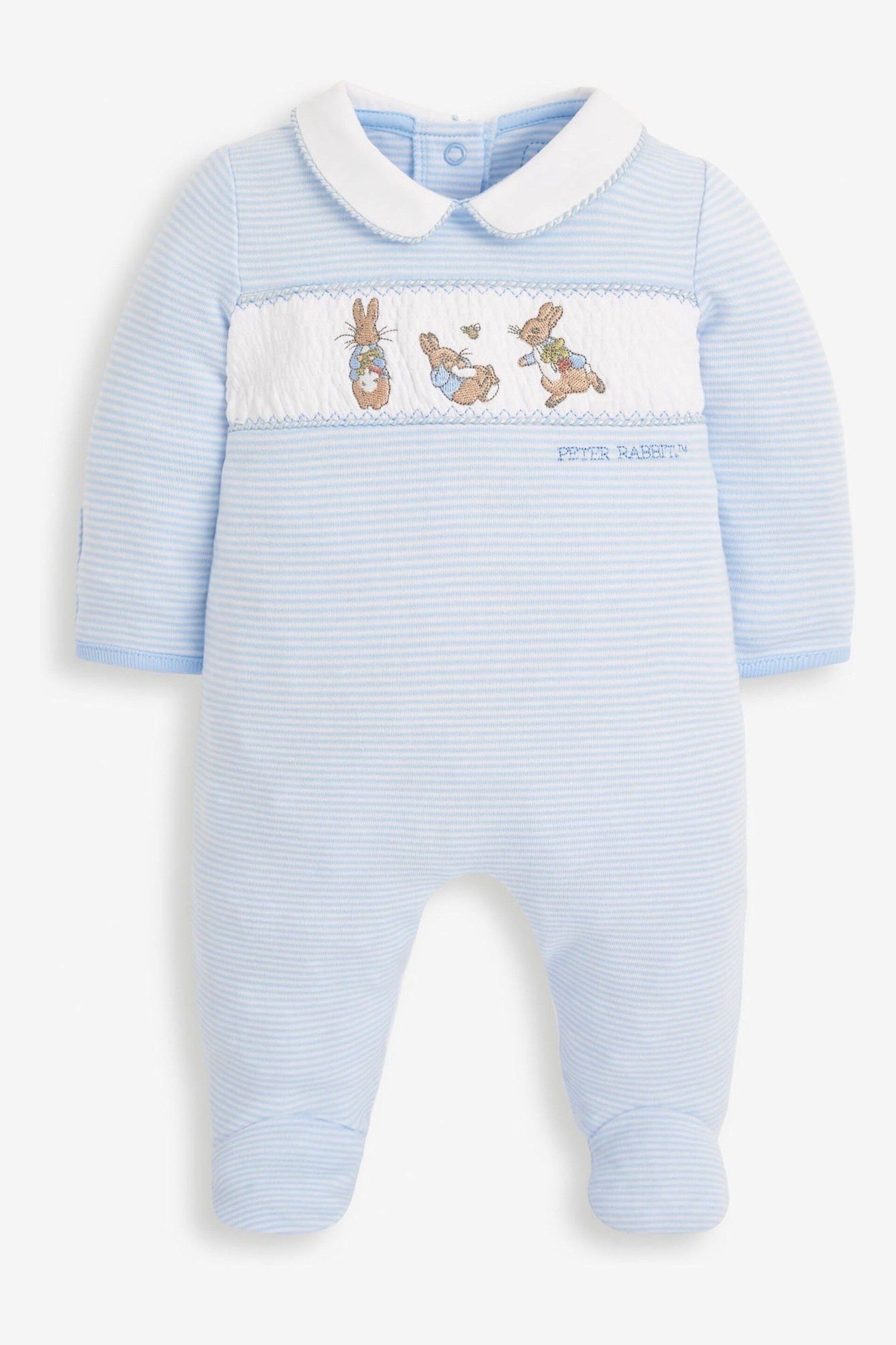 JoJo Maman Bébé Blue 2-Piece Peter Rabbit Smocked Baby Sleepsuit & Hat Set - Image 2 of 5