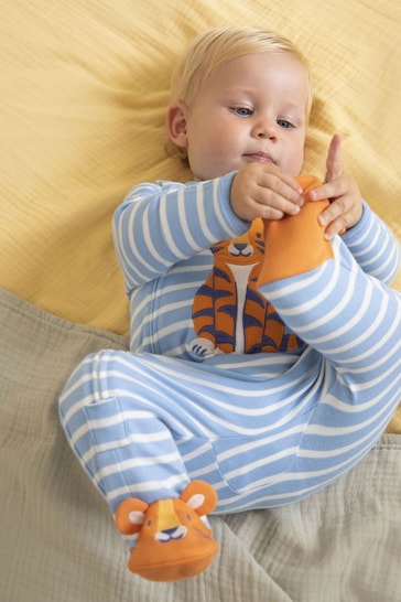 JoJo Maman Bébé Blue Tiger Appliqué Zip Cotton Baby Sleepsuit