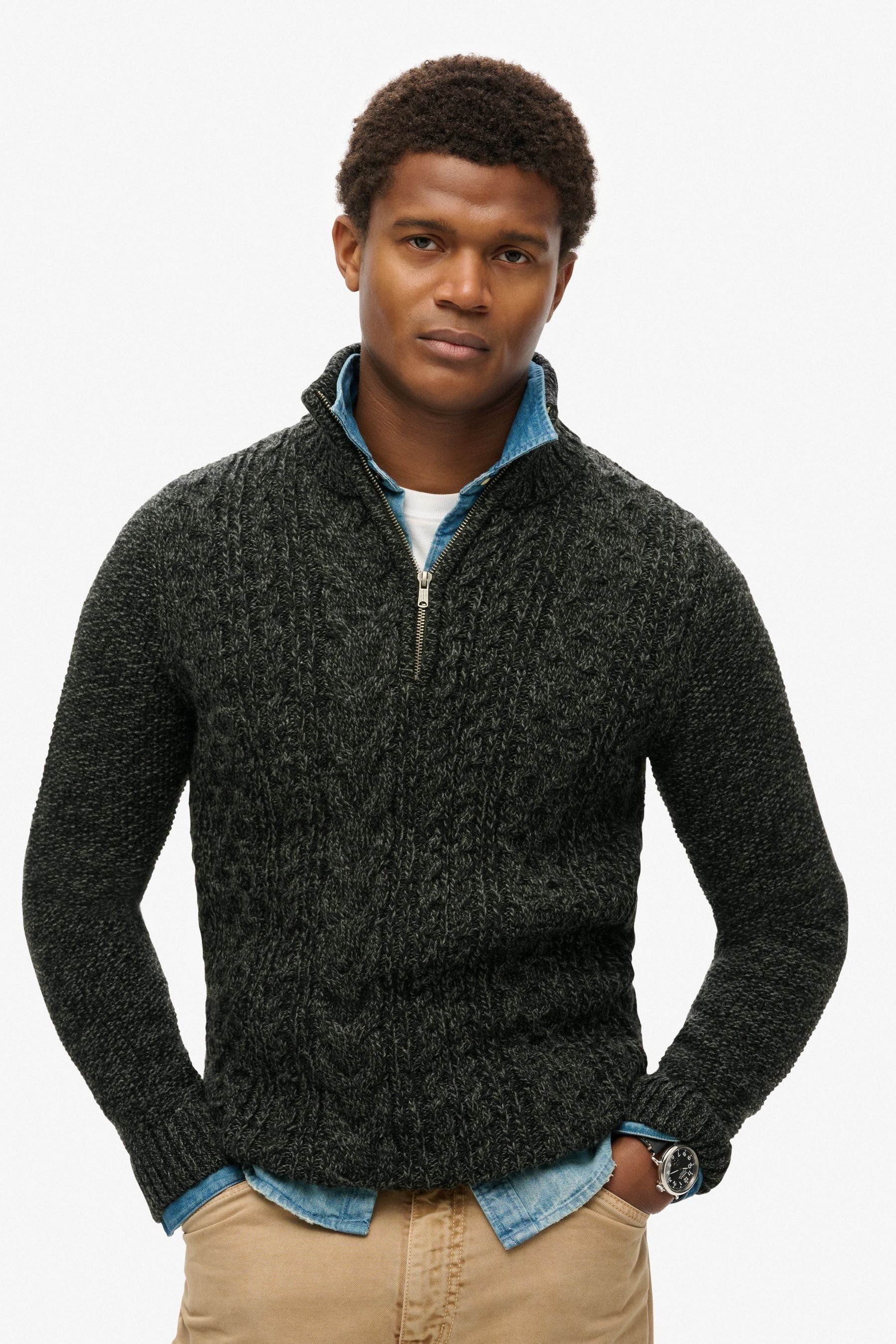 Buy Superdry Black Jacob Cable Knit Quarter Zip Jumper from Next Qatar