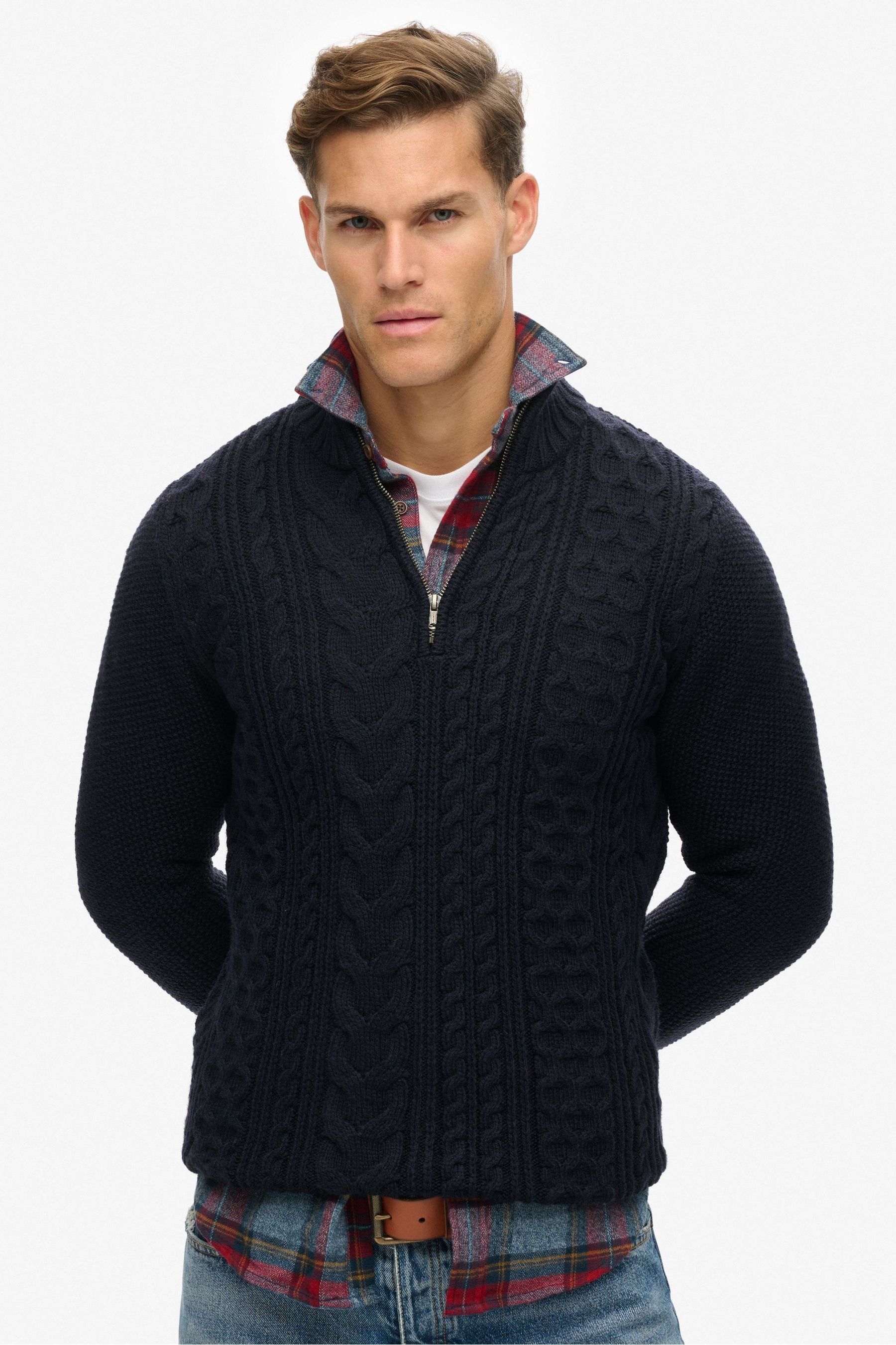 Superdry Eclipse Navy Jacob Cable Knit Quarter Zip Jumper