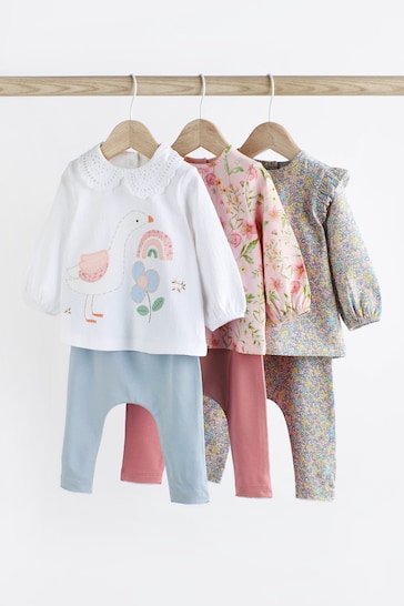 Pink/Blue/Cream Floral Duck 6 Piece Baby T-Shirts and Leggings Set
