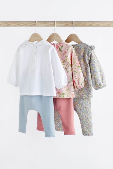 Pink/Blue/Cream Floral Duck 6 Piece Baby T-Shirts and Leggings Set
