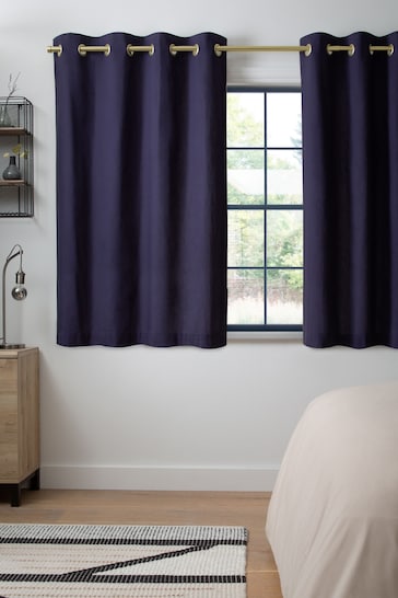 Navy Blue with Gold Eyelets Cotton Blackout/Thermal Eyelet Curtains
