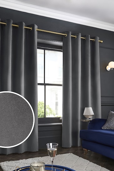 Charcoal Grey with Gold Eyelets Matte Velvet Blackout/Thermal Eyelet Curtains