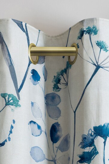 Blue with Gold Eyelets Isla Floral Print Blackout/Thermal Curtains