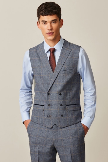 Blue Trimmed Check Suit Waistcoat