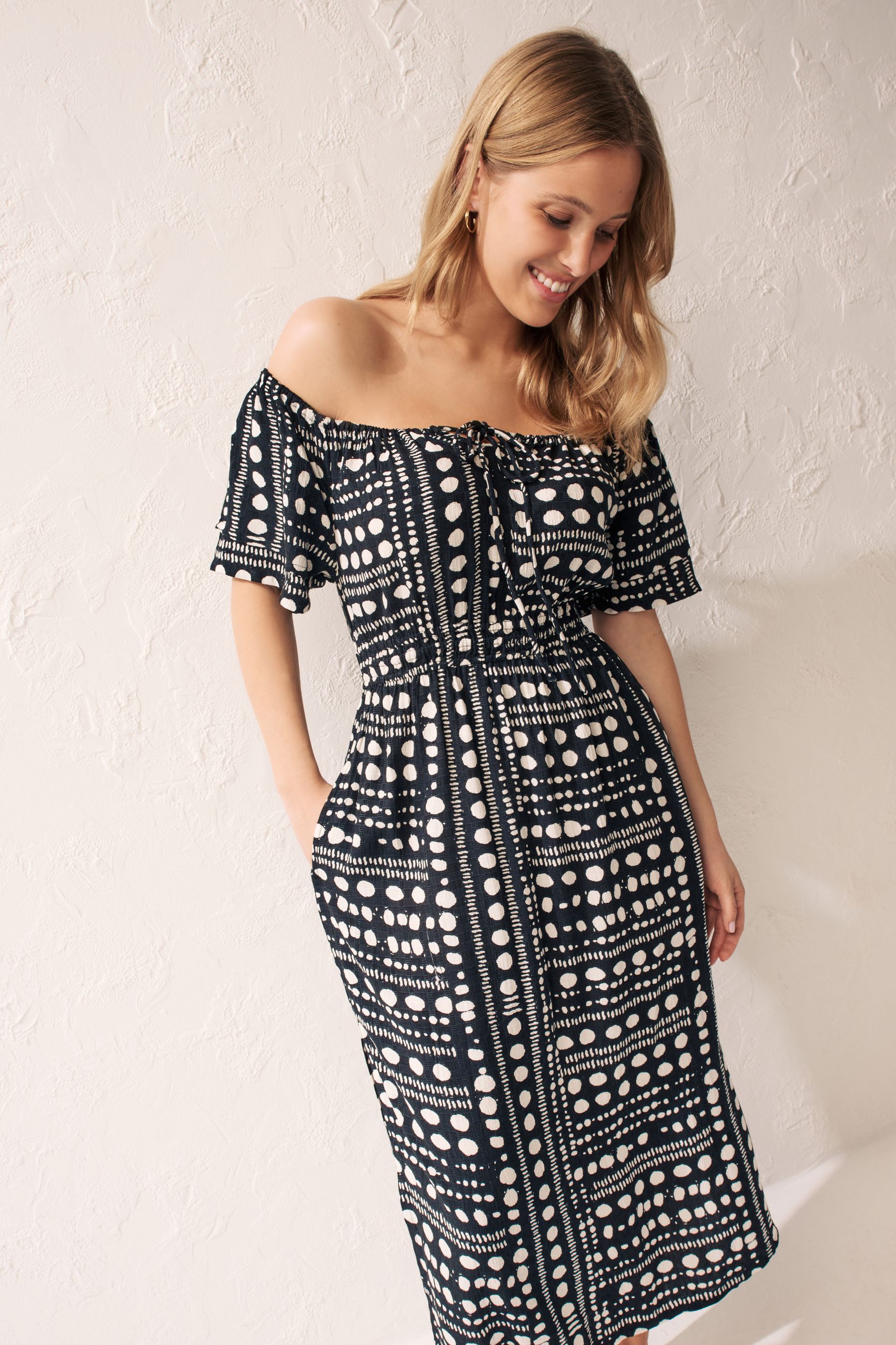 Buy Black White Spot Off Shoulder Summer Dress from Next United Arab Emirates