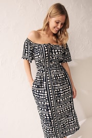 Black/White Spot Off Shoulder Summer Dress - Image 1 of 6