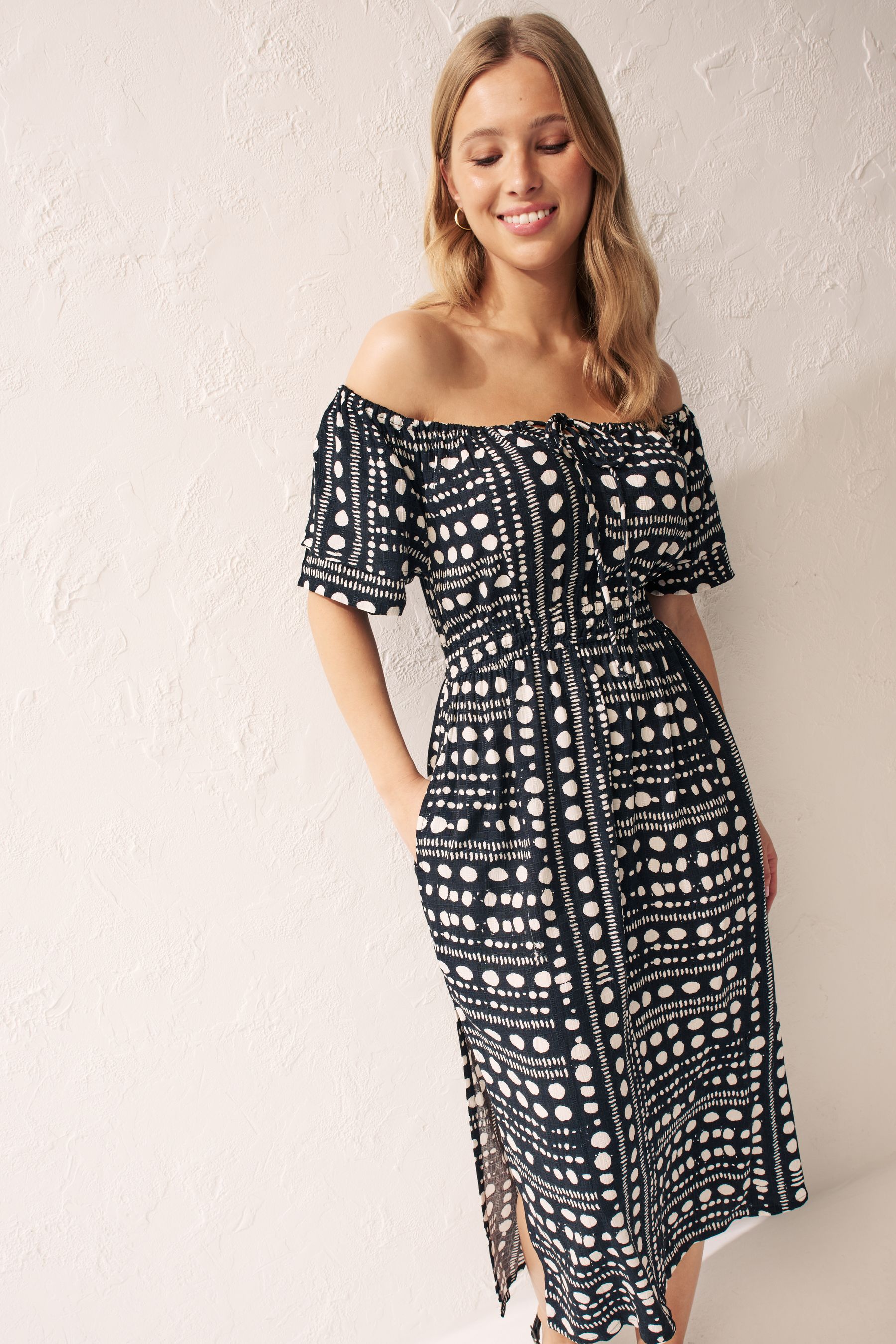 Buy Black White Spot Off Shoulder Summer Dress from Next Luxembourg