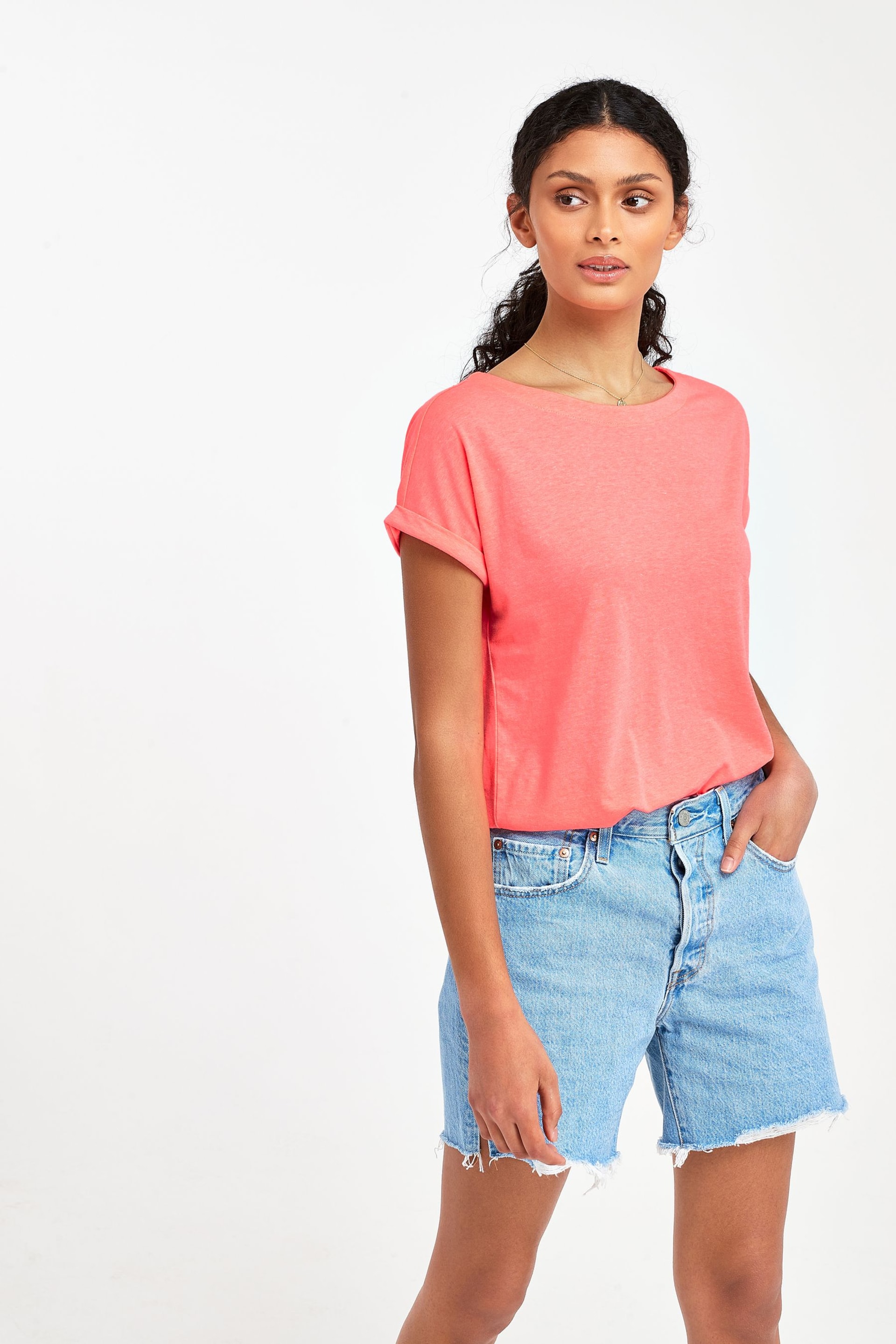 Fluro Coral Pink Round Neck Cap Sleeve T-Shirt - Image 1 of 4