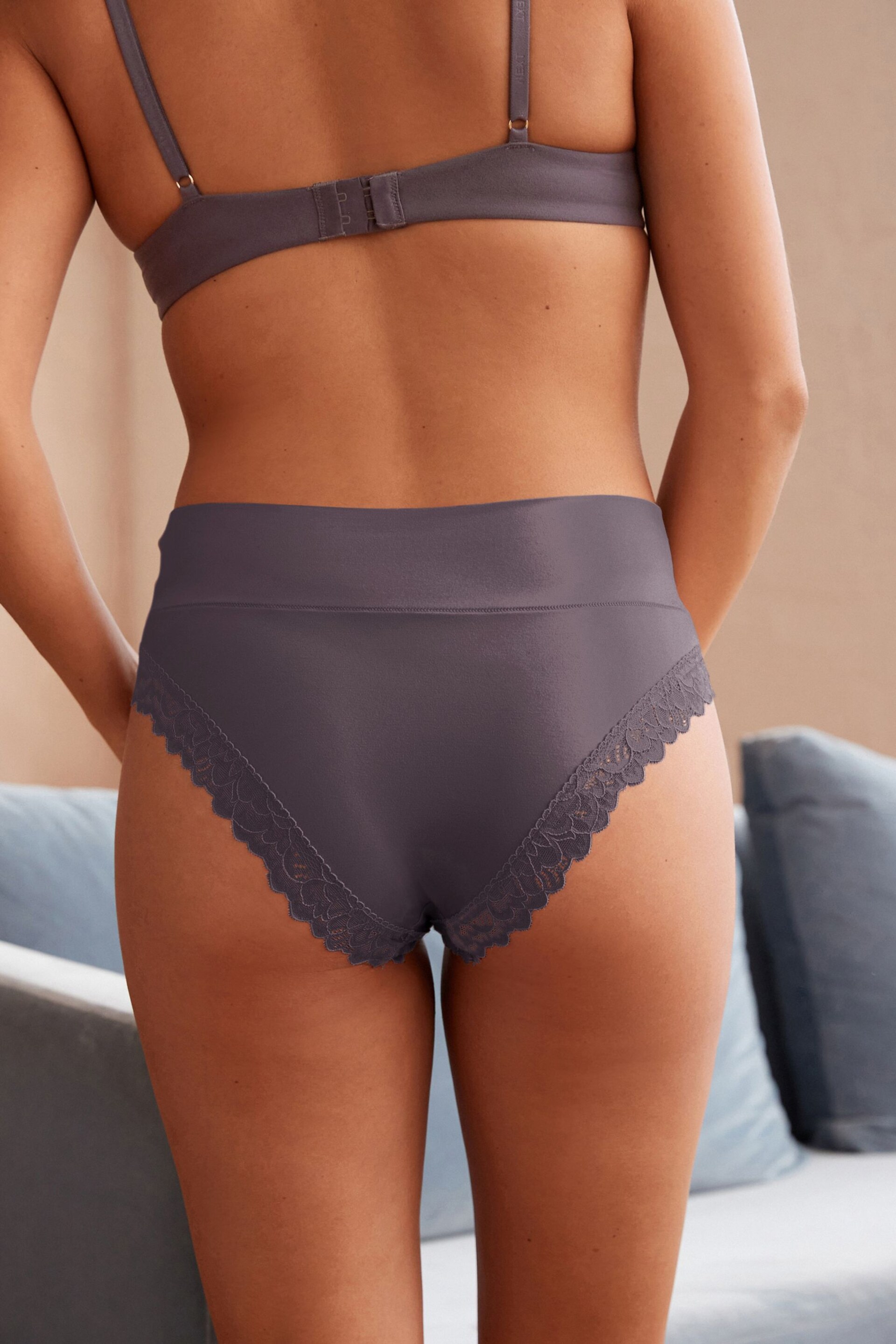 Blue High Rise High Leg Ultimate Comfort Brushed Lace Trim Knickers - Image 3 of 4