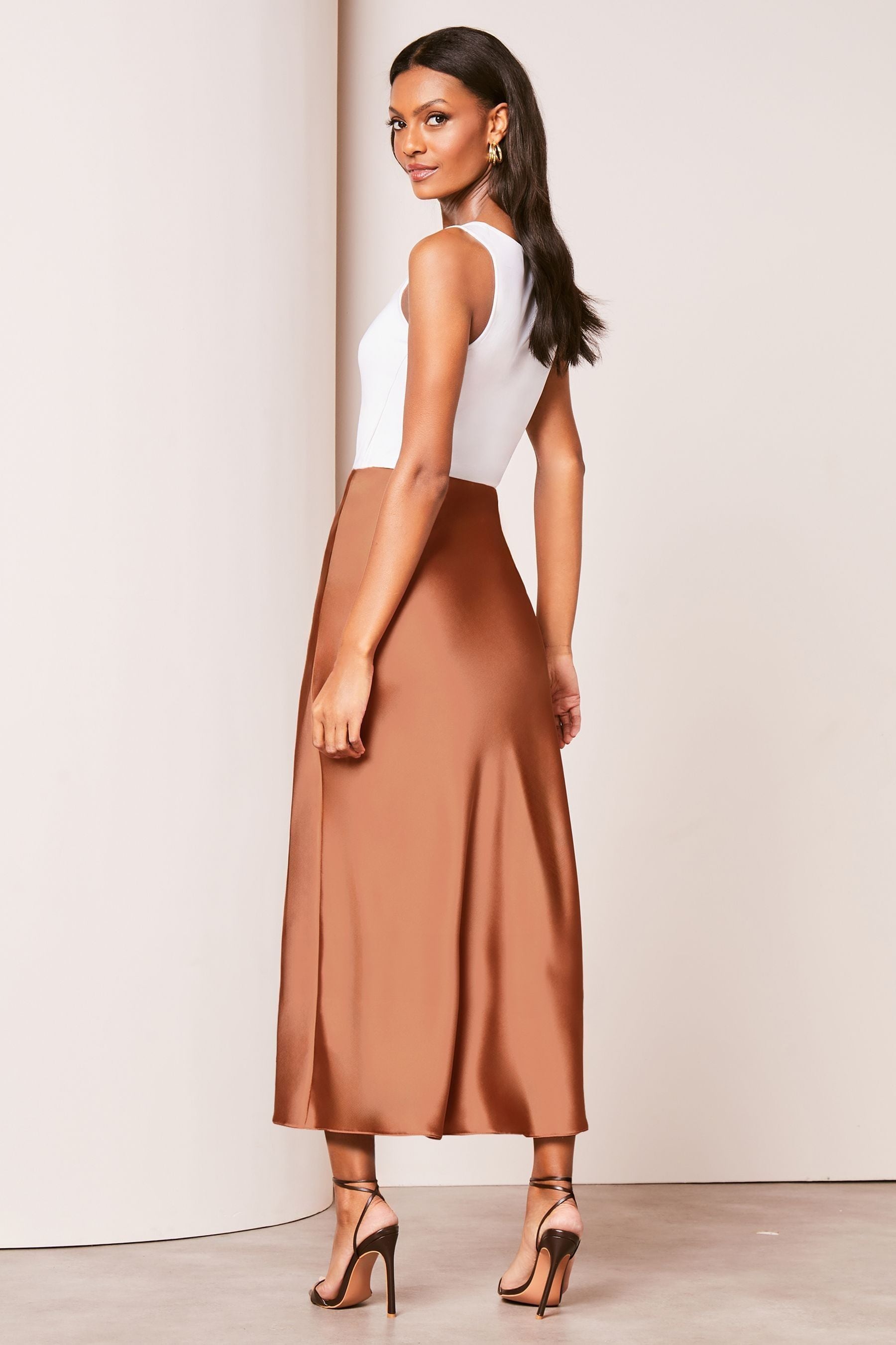 Satin midi skirt rust top