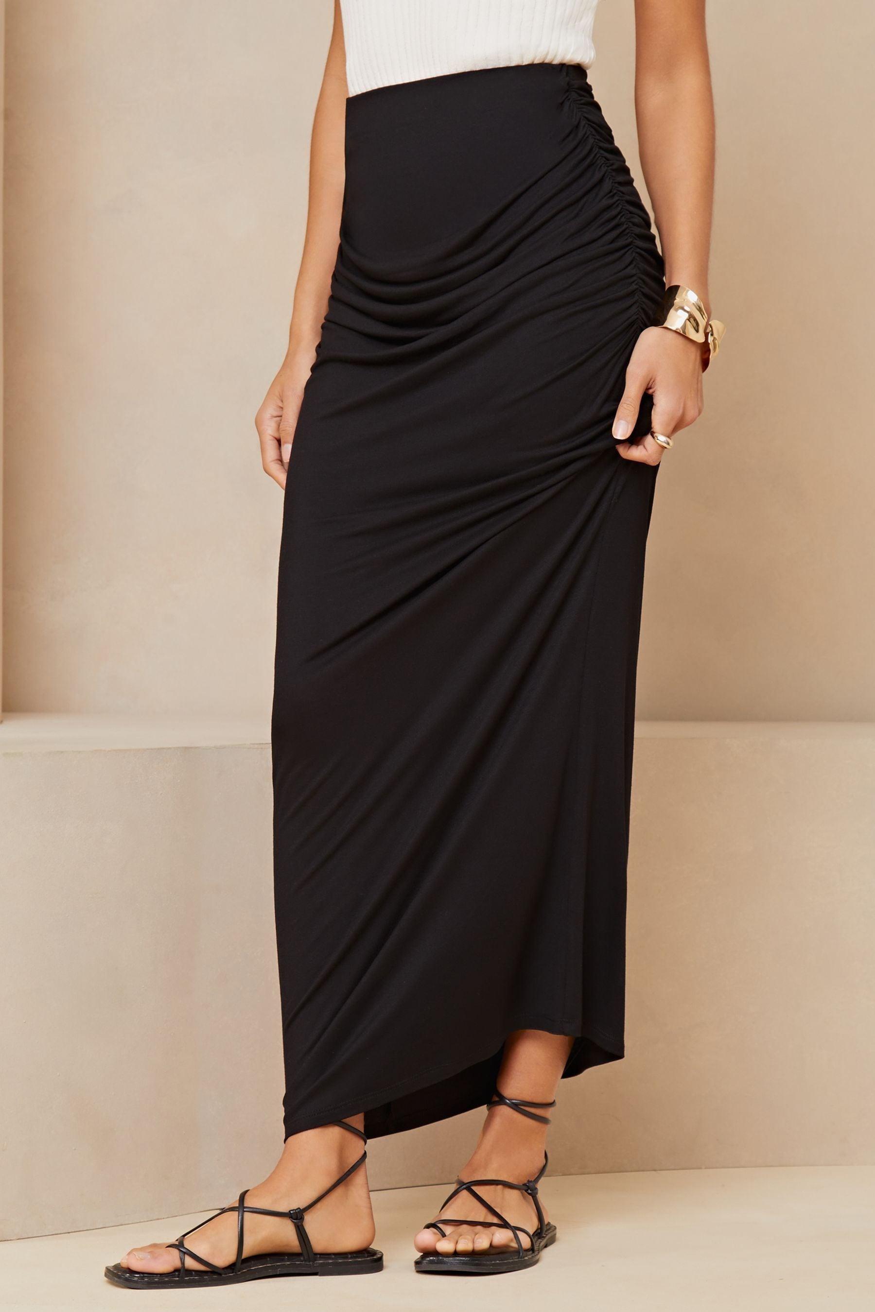 Black ruched maxi skirt outlet
