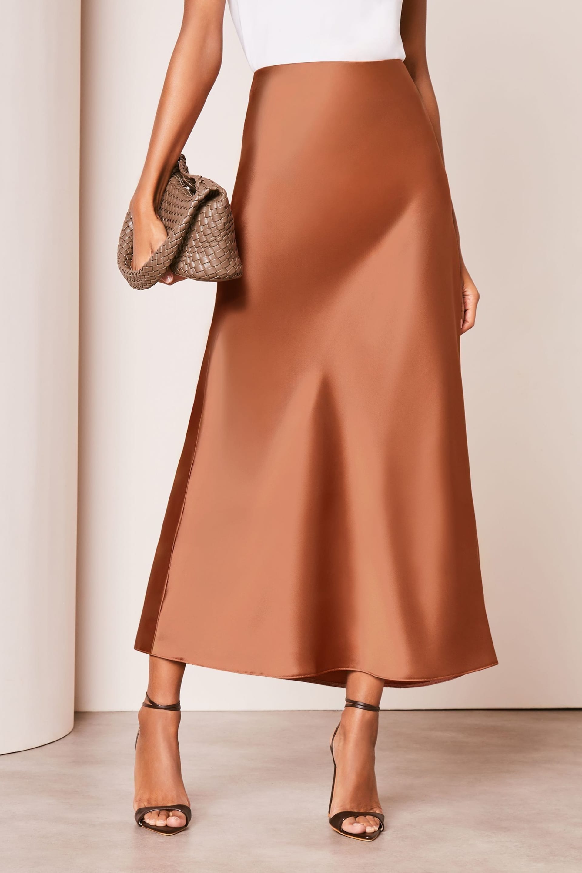Lipsy Brown Satin Bias Cut Midi Skirt - Image 1 of 4