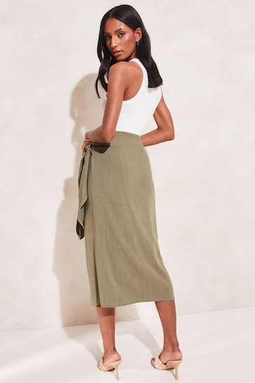 Lipsy Khaki Green Petite Tie Waist Wrap Midi Skirt