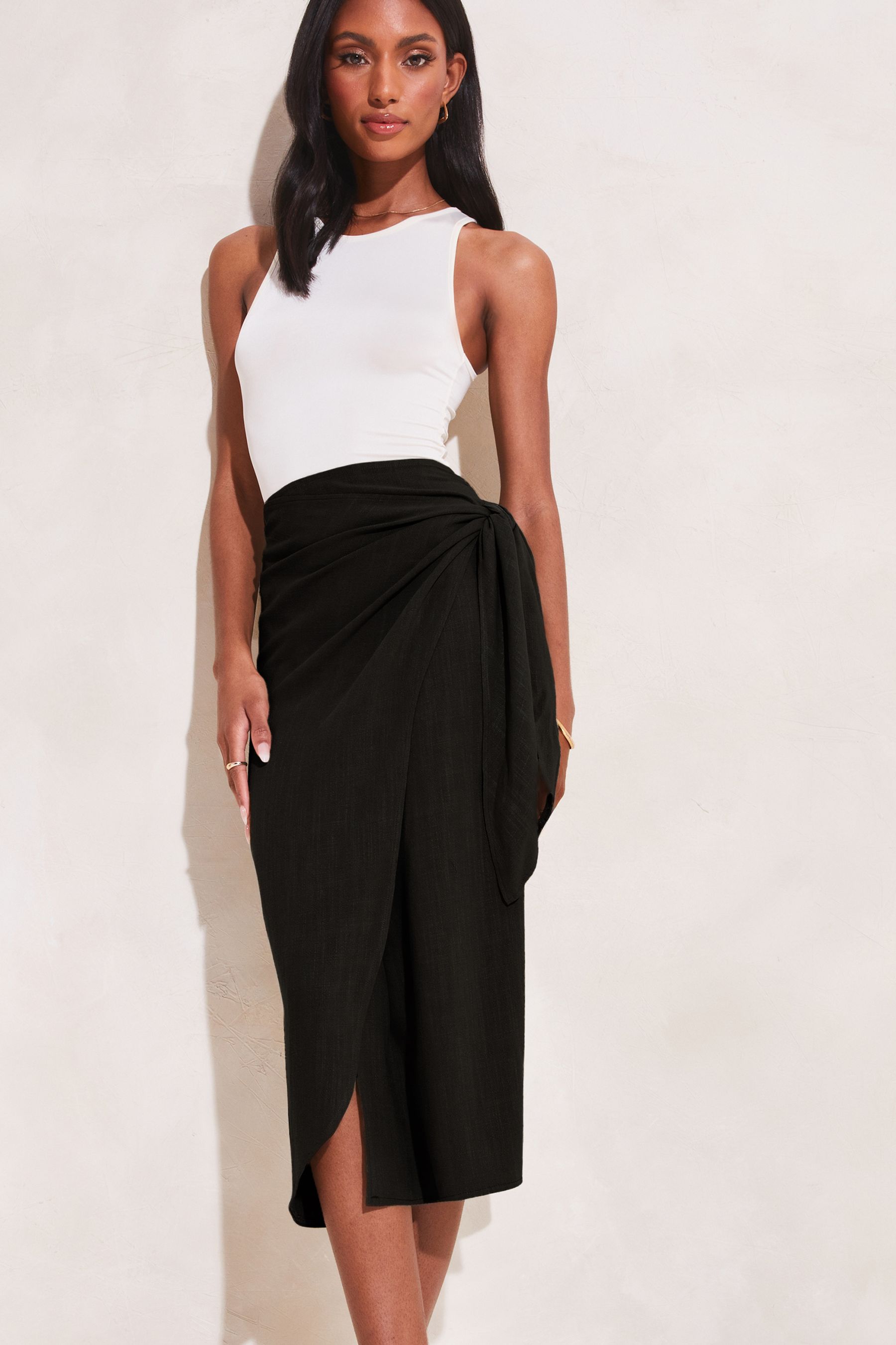 Lipsy Black Tie Waist Wrap Midi Skirt 12 Womens