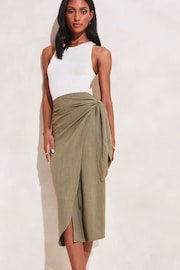 Lipsy Khaki Green Tie Waist Wrap Midi Skirt - Image 1 of 4
