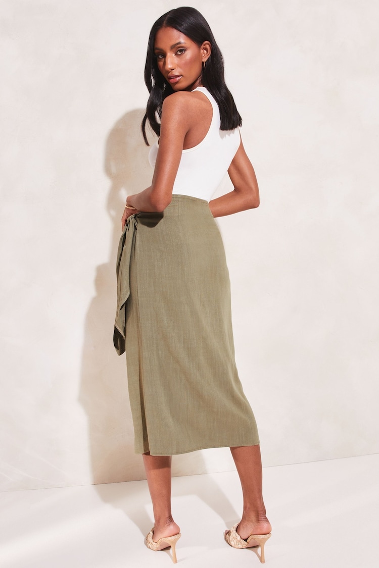 Lipsy Khaki Green Tie Waist Wrap Midi Skirt - Image 2 of 4