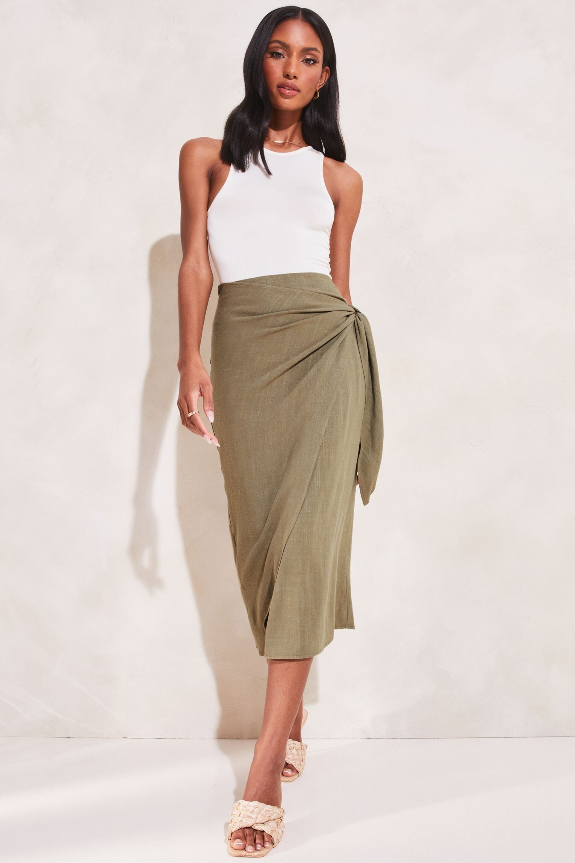 Lipsy Khaki Green Tie Waist Wrap Midi Skirt - Image 3 of 4