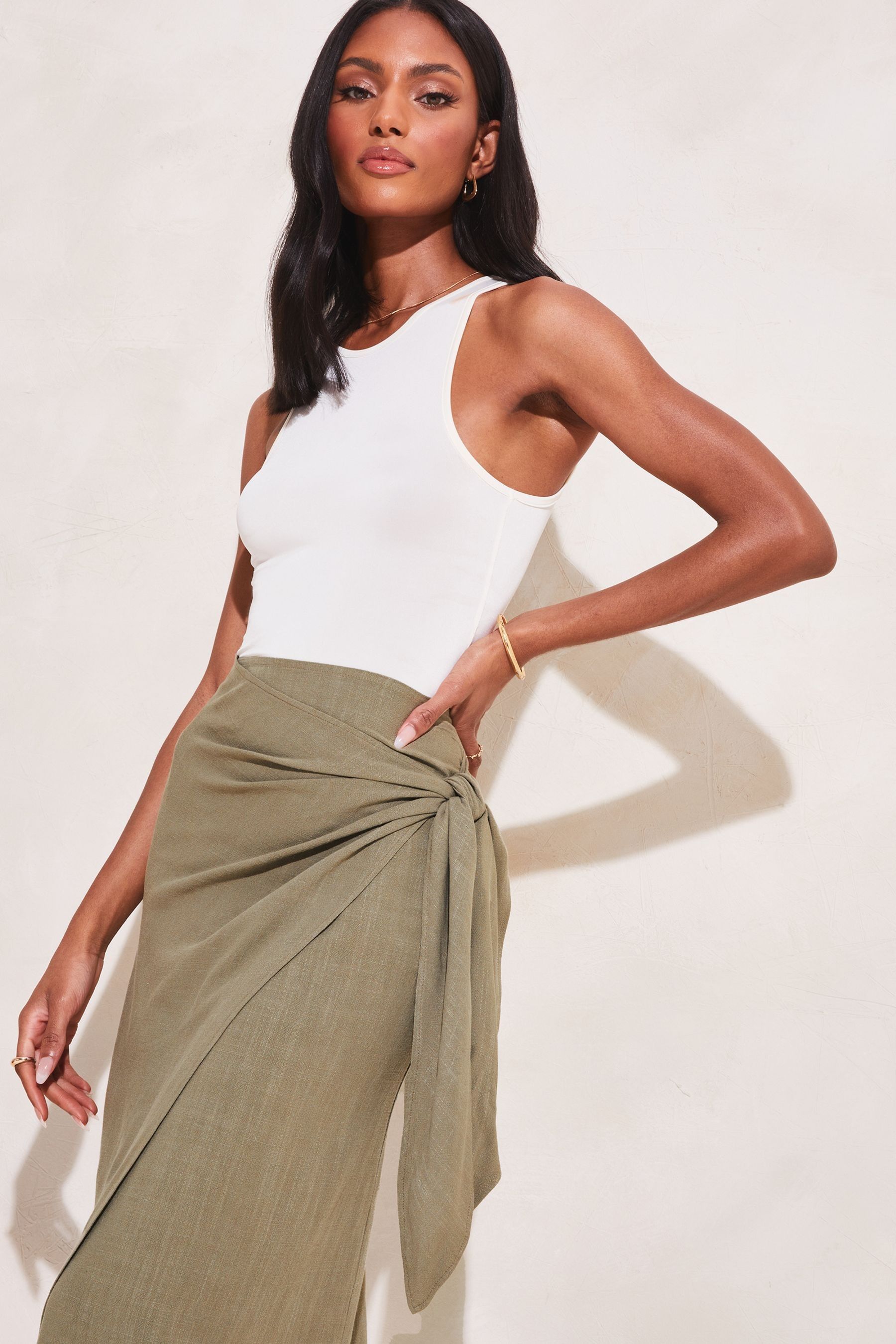 Wrap skirt khaki top