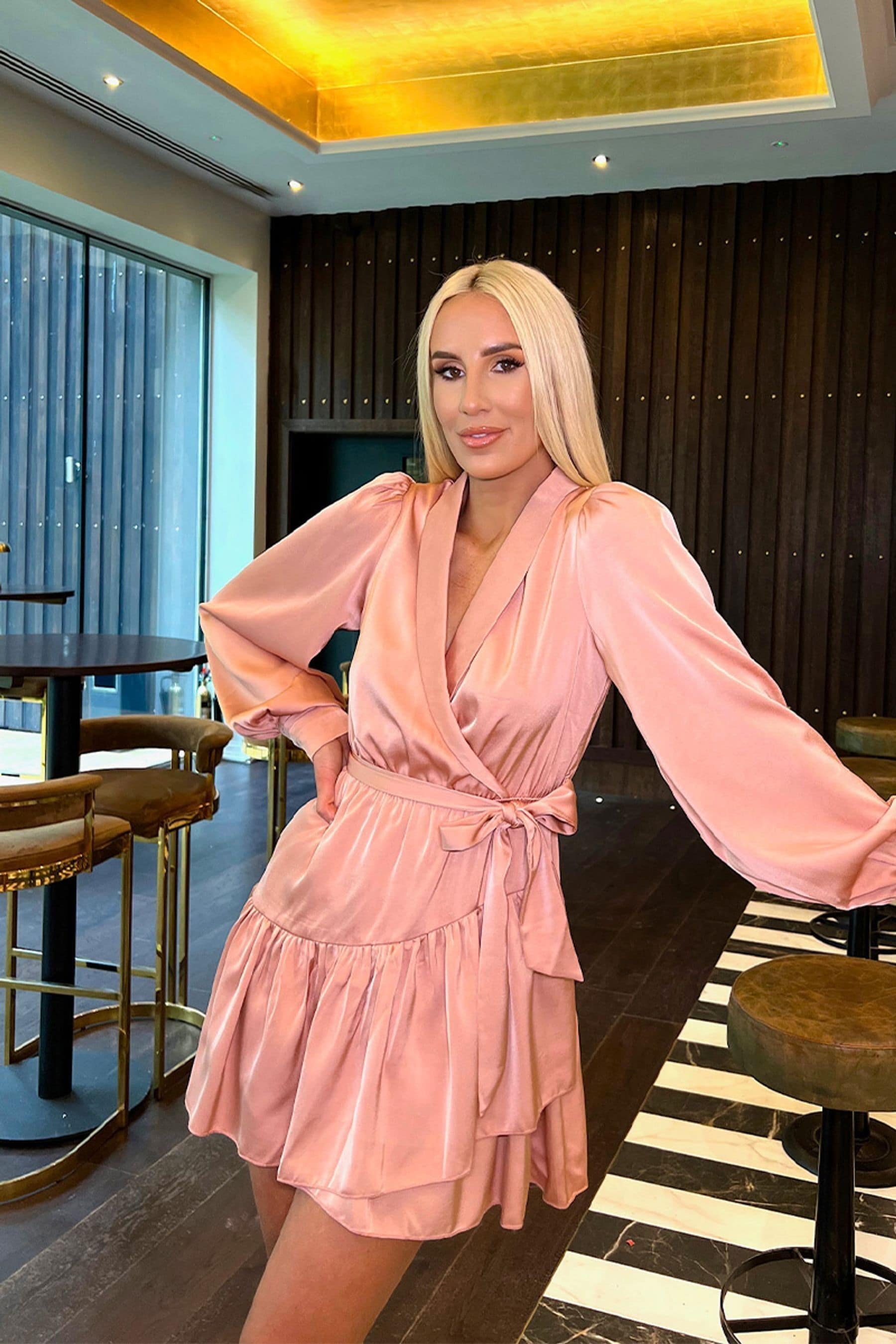 Buy In The Style Pink Georgia Louise Satin Plunge Frill Hem Mini Dress from Next Luxembourg