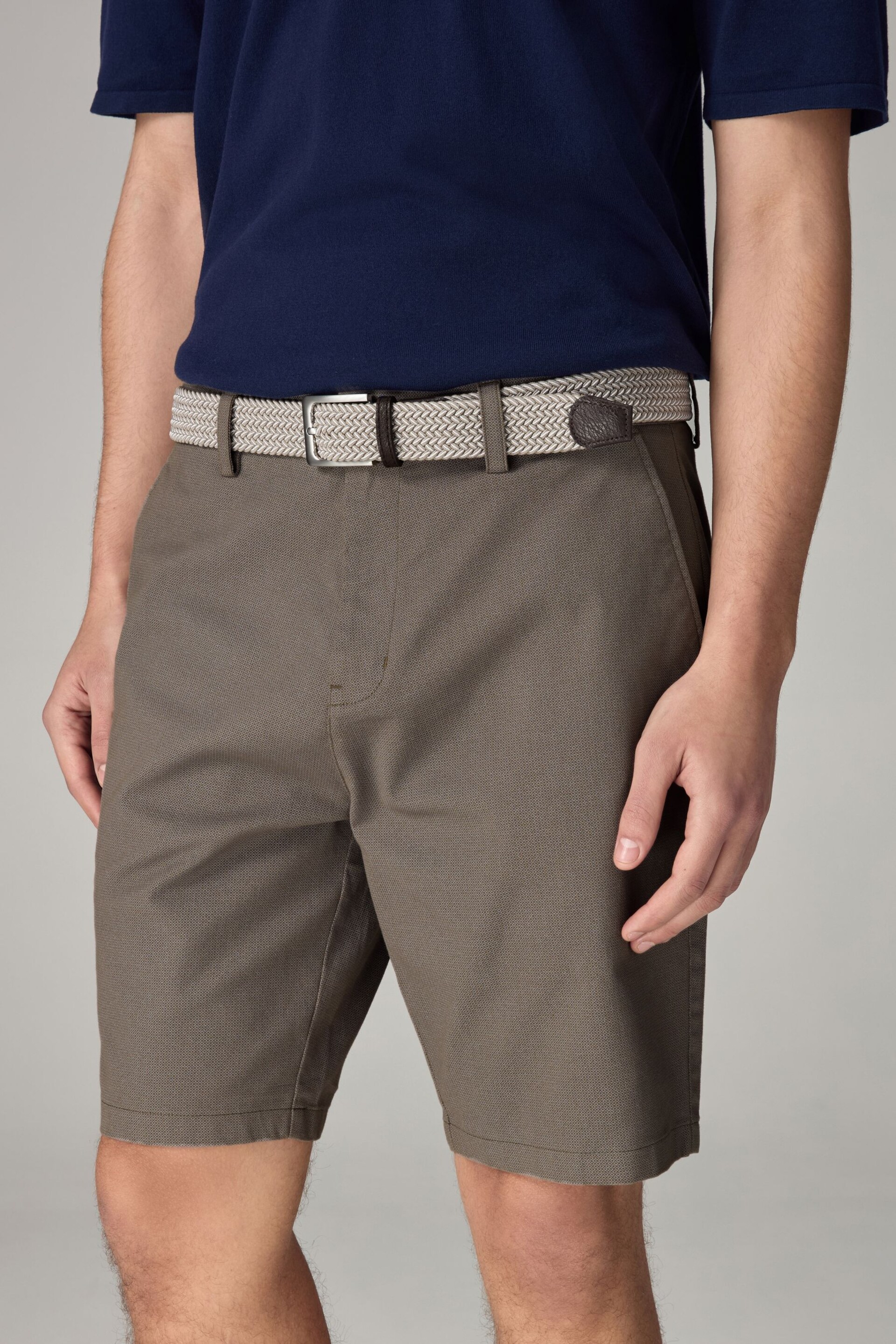 Dark Stone Textured Cotton Blend Chino Shorts with Belt Included - Image 1 of 4